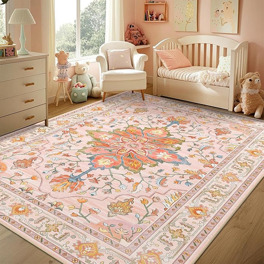 RELEANY Area Rugs 6'x9' Washable Non-Slip, Floral Vintage Distress Print Pattern Medallion Carpet for Living Room Bedroom Dining Room, Light Pink Colorful