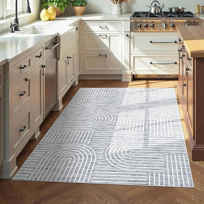 ROYHOME Washable Rug 3x5 Area Rugs for Living Room, Abstract Rug for Bedroom, Soft Rainbow Non Slip Throw Rugs with Rubber Back, Low Pile Stain Resistant Boho Geometric Carpet for Dining Room, Ash