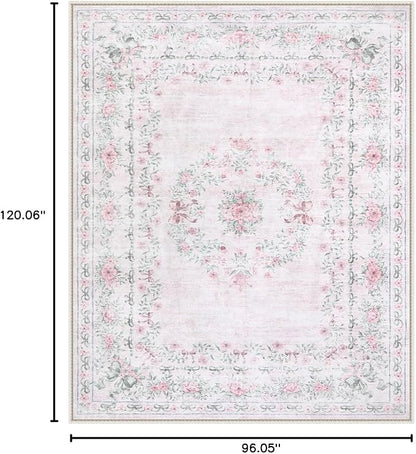 Wonnitar Floral Bow Print 8x10 Area Rugs, Washable Pink Rugs for Bedroom Girls, Boho Ultra-Thin Soft Non Slip Carpet for Nursery Living Room Kids Room Classroom Decor, Light Pink