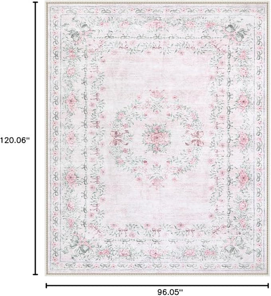 Wonnitar Floral Bow Print 8x10 Area Rugs, Washable Pink Rugs for Bedroom Girls, Boho Ultra-Thin Soft Non Slip Carpet for Nursery Living Room Kids Room Classroom Decor, Light Pink