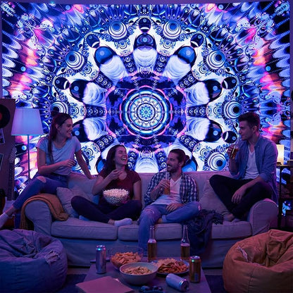 PRRPRR Blacklight Trippy Mandala Tapestry - UV Reactive Glow in the Dark Wall Hanging, Neon Psychedelic Boho Posters for Bedroom, Aesthetic Dorm Room Decor, Party Backdrop (Mandala Blue, 90"x70")