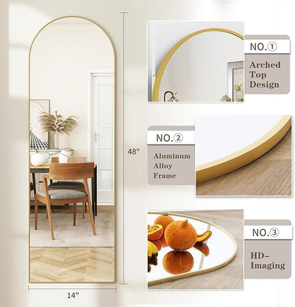 Arched Full Length Door Mirror 14x48, Metal Frame with Protective Film, No-Drilling Hanging or Wall Mount, Hooks & Hardware Included, Full Body Mirror for Bedroom, Dorm, Gold
