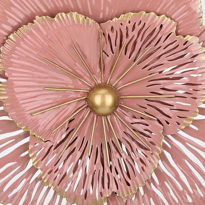 DILATATA 3 Pcs Metal Flower Wall Art Set 10 Inch Rustic Modern Floral Sculpture 3D Metal Flower Wall Hanging Accent for Indoor Living Room Bedroom Kitchen Bathroom Garden Patio Decor - Pink