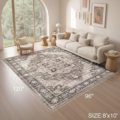 Area Rug 8x10 Washable Vintage - Soft Traditional Rugs for Living Room Large Non Slip Backing with Low Pile Farmhouse Oriental Retro Carpet for Bedroom Dining Room or Home Office - Dark Brown