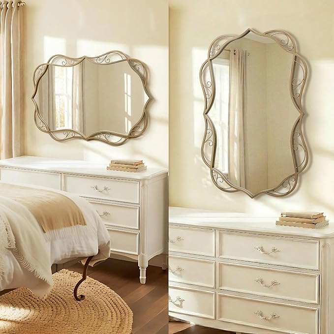 Besdomus Vintage Gold Bathroom Mirror: 24"x36" Scalloped Modern Large Bathroom Vanity Mirrors for Over Sink - Farmhouse Decorative Vertical or Horizontal Hanging for Living Room/Fireplace/Bathroom
