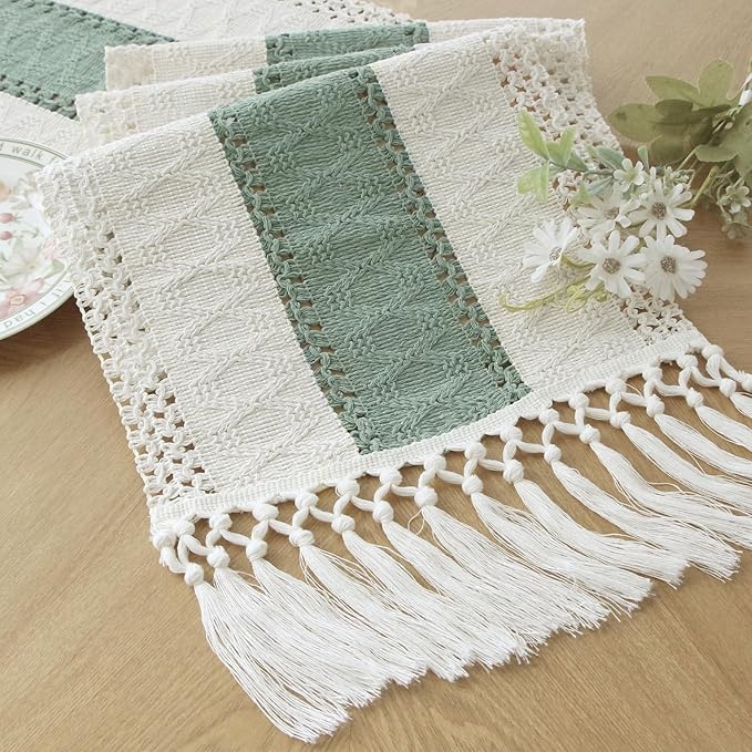 FEXIA Sage Green Table Runner 36 Inches Long with Tassels Boho for Summer Home Decor Rustic Macrame Farmhouse Table Cover for Wedding Party Bohemian Bridal Shower Dining Decorations(12x36 Inches)