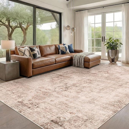 Tan Rugs for Living Room - 10x12 Vintage Large Floor Carpet Rug for Dining Room Under Table, Washable Non Slip with Rubber Backed