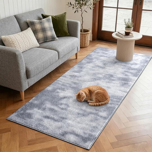 FinRèc 2x6 Washable Runner Rugs for Kitchen Hallway Bedroom, Low Pile Thin Ultra Soft Shag Rug, Non-Slip Carpet Indoor for Home Decor (Tie-dye Grey)