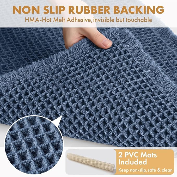 MIULEE Set of 2 Waffle Bathroom Rugs, Boho Bath Rugs Non Slip Washable, Super Absorbent Bath Mats, Ultra Soft Rubber Backed Shower Mats for Bathroom Floor, Tub and Shower, Blue, 18x30 Inch