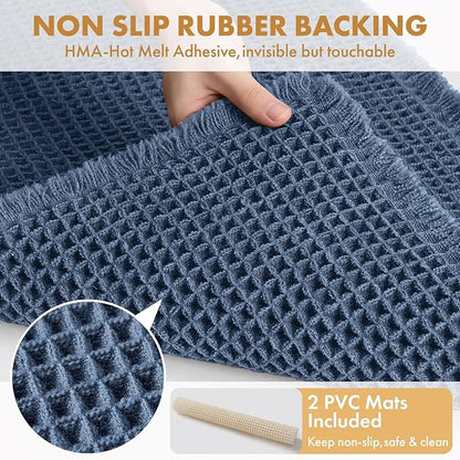MIULEE Set of 2 Waffle Bathroom Rugs, Boho Bath Rugs Non Slip Washable, Super Absorbent Bath Mats, Ultra Soft Rubber Backed Shower Mats for Bathroom Floor, Tub and Shower, Blue, 18x30 Inch