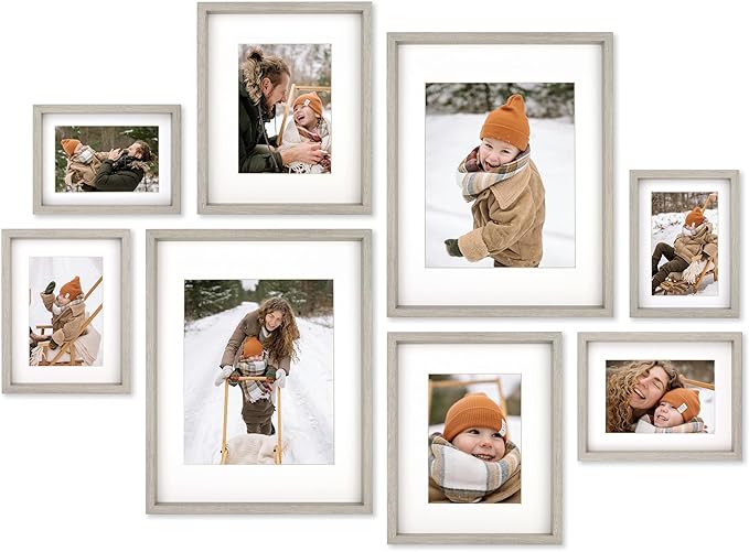 8 Piece Shadow Box Style Gallery Wall Frame Set – Deep Photo Frame Set with Mat for 8x10, 5x7 and 4x6 - Multiple Sizes Picture Frame Set for Wall Collage – Assorted Picture Frames for Wall (Gray)