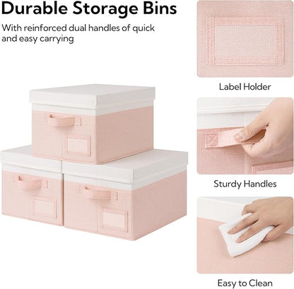 GRANNY SAYS Storage Bins with Lids, Storage Boxes for Organizing, Storage Baskets with Label, Closet Organizers and Storage, Storage Bins for Shelves, Decorative Storage Boxes, 3-Pack, Pink&Ivory