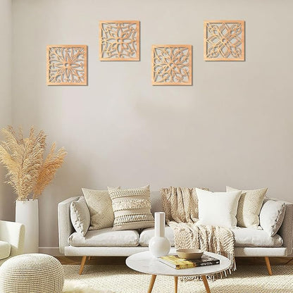 KOYILTD 4 Pieces Thicken Rustic Wall Decor,Flower Carved Wall Art,Wooden Hollow Carved Design(Square, 10in)