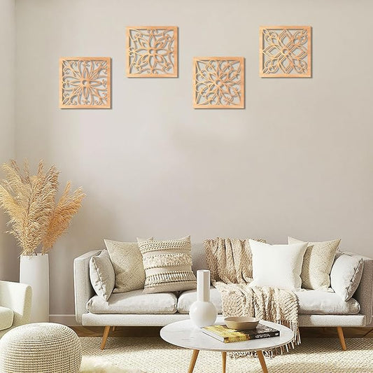 KOYILTD 4 Pieces Thicken Rustic Wall Decor,Flower Carved Wall Art,Wooden Hollow Carved Design(Square, 10in)