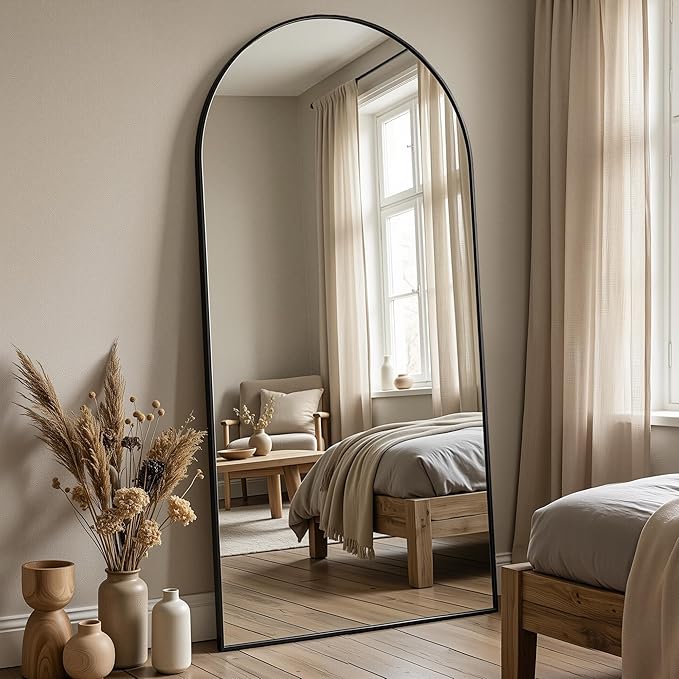 Antok Full Length Floor Mirror Arched Standing Mirror with Aluminum Frame - Freestanding Wall Mount Leaning Body Mirror for Bedroom Living Room Entryway, 71" L x 32" W, Black
