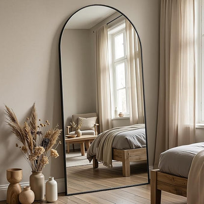 Antok Full Length Floor Mirror Arched Standing Mirror with Aluminum Frame - Freestanding Wall Mount Leaning Body Mirror for Bedroom Living Room Entryway, 71" L x 32" W, Black