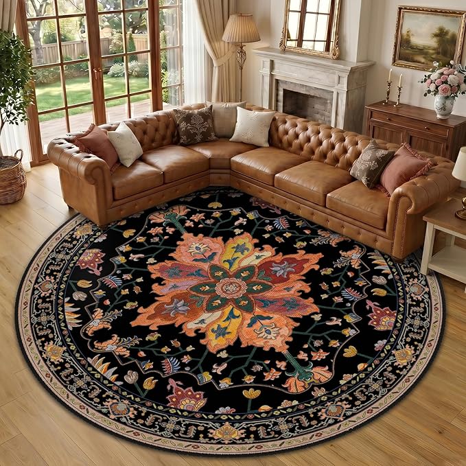 RELEANY Area Rugs Round 10ft Washable Non-Slip, Floral Vintage Distress Print Pattern Medallion Carpet for Living Room Bedroom Dining Room, Black Colorful Floral Dark Tan