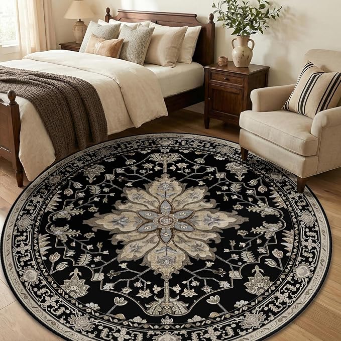 RELEANY Area Rugs Round 6ft Washable Non-Slip, Floral Vintage Distress Print Pattern Medallion Carpet for Living Room Bedroom Dining Room, Black Brown Neutral Dark Tan