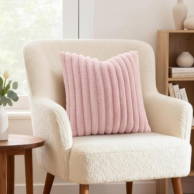 decorUhome Summer Cozy Faux Fur Throw Pillow Covers 24x24 Set of 2 Decorative Soft Plush Striped Modern Farmhouse Boho Couch Euro Sham Pillow Cases with Velvet Back for Sofa Bed Living Room, Pink