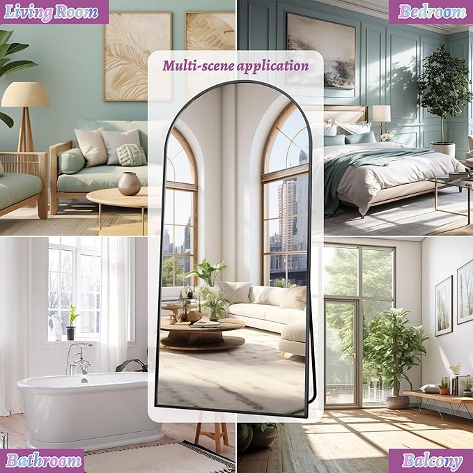 71"×28" Arched Full Length Floor Mirror, Standing Mirror with Aluminum Frame, Large Body Mirror of Free Standing/Wall Mount/Leaning for Bedroom, Living Room, Dressing Room, Black