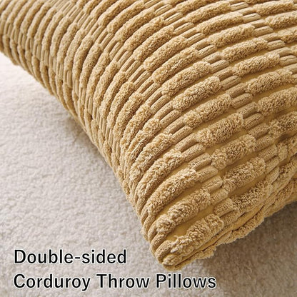 2 Pack Corduroy Decorative Throw Pillow with Inserts, 18x18 Inch Soft Boho Throw Pillow, Square Striped Throw Pillows for Couch, Bed, Sofa Decor (Golden Brown)
