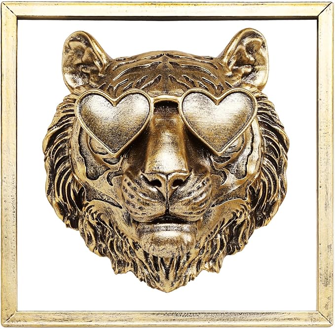 Newinhome Animal Heads Wall Decor (Includes Metal Frame) Resin Animals Sculptures Head Wall Hanging Decoration Gold vintage Wall Sculpture for Living Room Bedroom Office(Tiger)