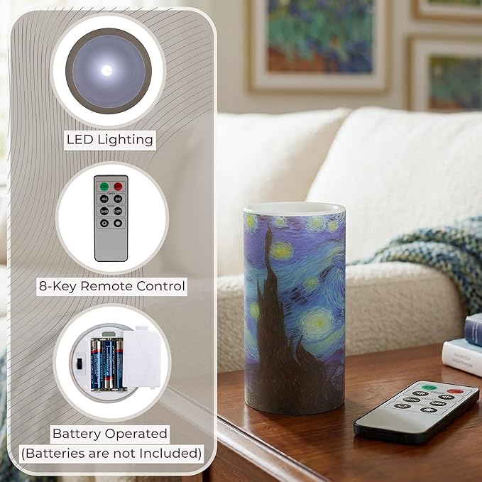 Lavish Home Flameless Candles -Van Gogh Starry Night Battery Operated Candles with Remote and Flickering Light for Home Décor