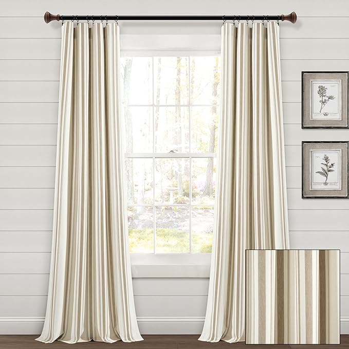 Lush Decor Farmhouse Stripe Yarn Dyed Eco-Friendly Recycled Cotton Window Curtain Panel Pair, 42" W x 95" L, Neutral - Classic Modern Rustic Charm - Eco Friendly Cotton Fabric