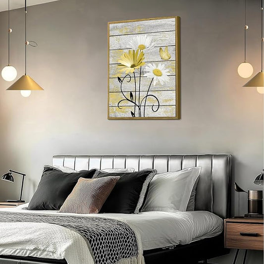 HVEST Yellow Floral Framed Wall Art for Bathroom, Rustic Daisy Butterfly on Rustic Wood Canvas Wall Art Nature Plant Flower Pictures for Bedroom Living Room Office Wall Decor, 17L X 12W inches
