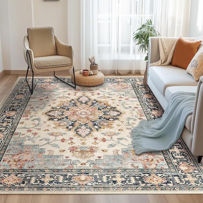 CAPALOCA Machine Washable Rugs Nursery Rug 5x7 Cute Girl Non Slip Low Pile Water Repellent Soft Print Pattern for Bedroom Indoor Decor Kids Playroom Bluebeige