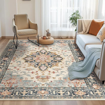 CAPALOCA Machine Washable Rugs Nursery Rug 5x7 Cute Girl Non Slip Low Pile Water Repellent Soft Print Pattern for Bedroom Indoor Decor Kids Playroom Bluebeige