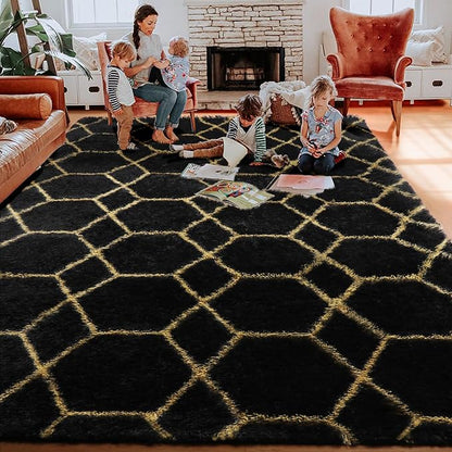 ONASAR 5x7 Area Rugs for Living Room Bedroom, Fluffy Black and Gold Faux Fur Rug, Geometric Boho Soft Plush Shaggy Floor Carpet Mat for Nursery Kids Girls Boys Teen Dorm Home Office Decor