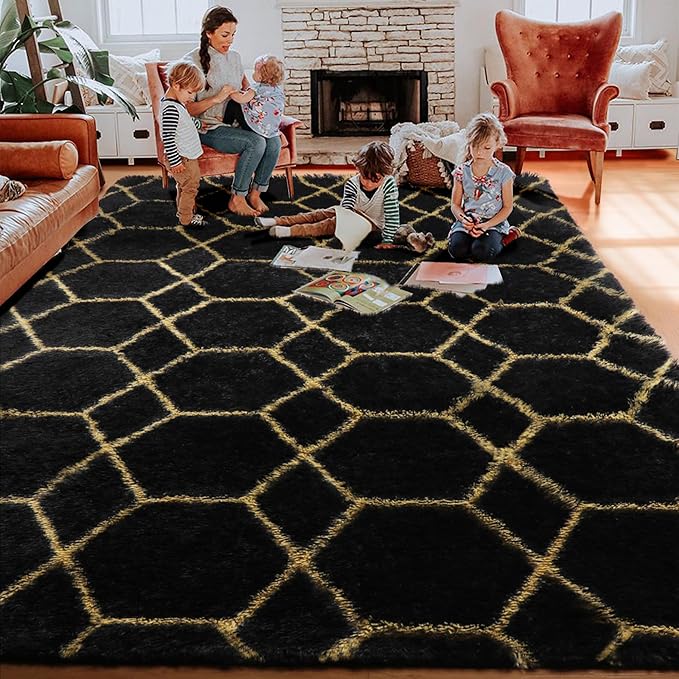 ONASAR Area Rugs for Bedroom Living Room, 4x6 Fluffy Black and Gold Throw Rug, Shaggy Geometric Floor Mat for Home Decor, Soft Plush Carpet for Kids Teen Playroom Dorm Classroom Office