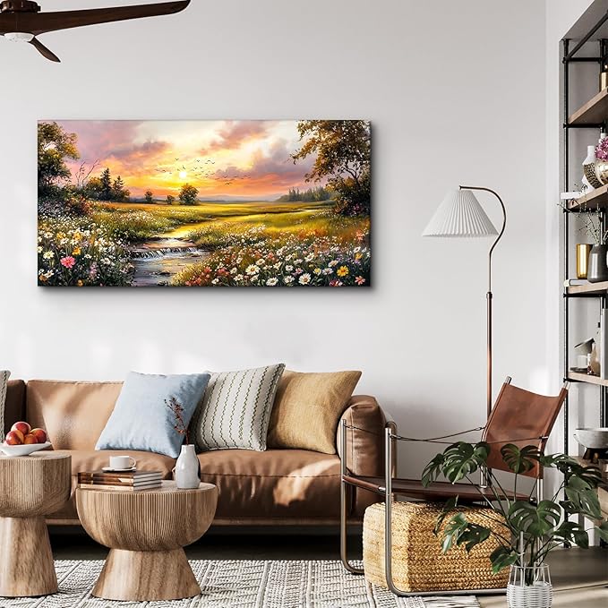 crmotu Sunset Landscape Wall Art, Country River Scenery Large Painting, Nature Wildflower Daisy Artwork for Walls, Rustic Canvas Pictures Wall Decor Living Room Bathroom Kitchen Prints 20X40 In