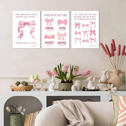 JBZDD Christian Pink Bow Wall Art Set of 3 Inspirational Bible Verses Quotes Decor Posters Pictures Prints for Girls Room College Apartment Bathroom Bedroom Living Room12x16in Framed