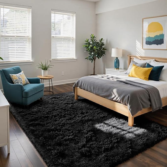 Fluffy Rug Shag Area Rug, Black 5x8 Area Rugs for Bedroom, Small Bedside Rug, Soft Fluffy Shag Entryway Throw Rugs for Living Room Bedroom Kids Room Home Decor