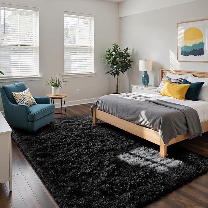 Fluffy Rug Shag Area Rug, Black 4x6 Area Rugs for Bedroom, Small Bedside Rug, Soft Fluffy Shag Entryway Throw Rugs for Living Room Bedroom Kids Room Home Decor