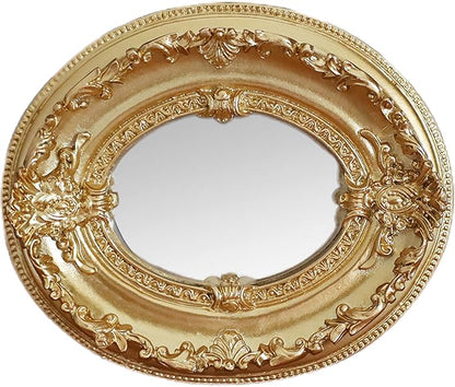 Golden Mini Vintage Mirror with Exquisite Relief Elegant Wall Decor for Bedroom Dresser Table Compact Resin Retro Design (Golden Oval, 4.7 X5.5)