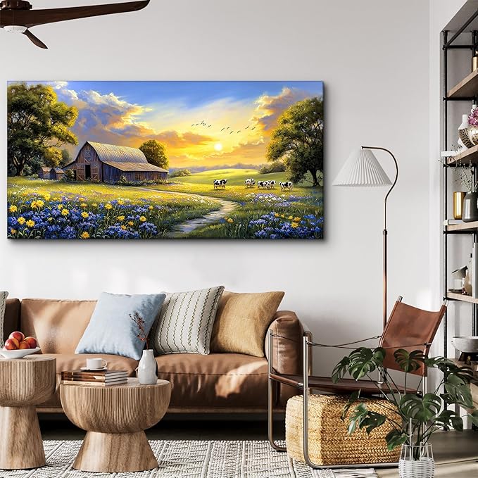 crmotu Farmhouse Wall Art, Landscape Wall Art, Large Wall Decor, Spring Nature Painting Canvas Prints, Rustic Sunset Oversized Artwork, Country Pictures for Living Room Dining Room Cottage Farm 29X57 In