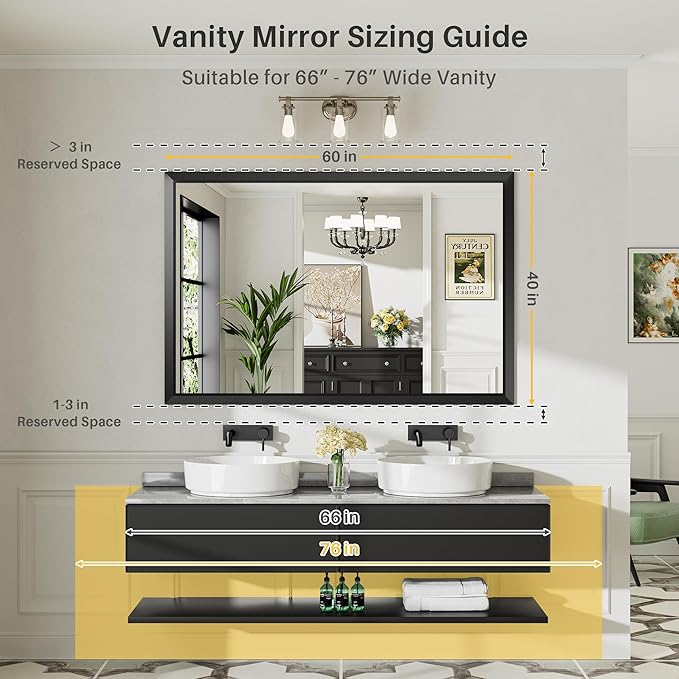 Briivue 60x40 Inch Black Bathroom Mirror for Wall, Thick Metal Framed Rectangle Mirrors for Over Sink, Bedroom, Living Room, Entryway, Anti-Rust, HD Tempered Glass