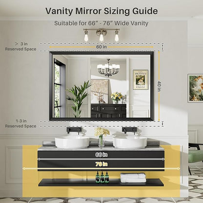 Briivue 60x40 Inch Black Bathroom Mirror for Wall, Thick Metal Framed Rectangle Mirrors for Over Sink, Bedroom, Living Room, Entryway, Anti-Rust, HD Tempered Glass