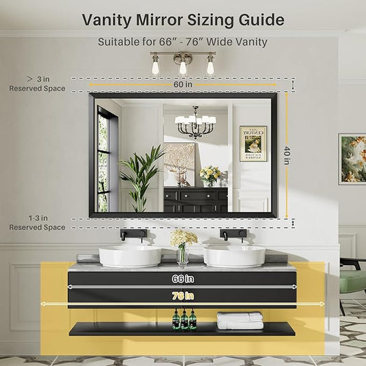 Briivue 60x40 Inch Black Bathroom Mirror for Wall, Thick Metal Framed Rectangle Mirrors for Over Sink, Bedroom, Living Room, Entryway, Anti-Rust, HD Tempered Glass