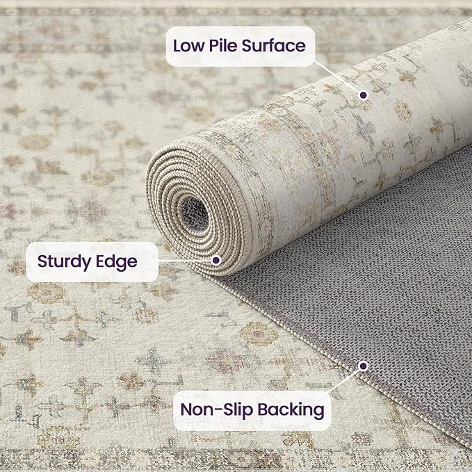 DEXI Area Rugs for Living Room, 5x8 Washable Low Pile Floral Rug for Bedroom, Non Slip Indoor Carpet for Dining Office Nursery, Ivory