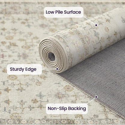 DEXI Area Rugs for Living Room, 5x8 Washable Low Pile Floral Rug for Bedroom, Non Slip Indoor Carpet for Dining Office Nursery, Ivory