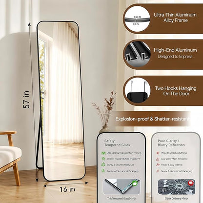 NARCISSUS 57x16 Mirror Door Hanging Full Length Body with Floor Stand or Wall Mounted Metal Aluminum Frame Tempered Glass Rectangle Mirrors for Bedroom Dressing Living Room Bathroom 57 inch Black