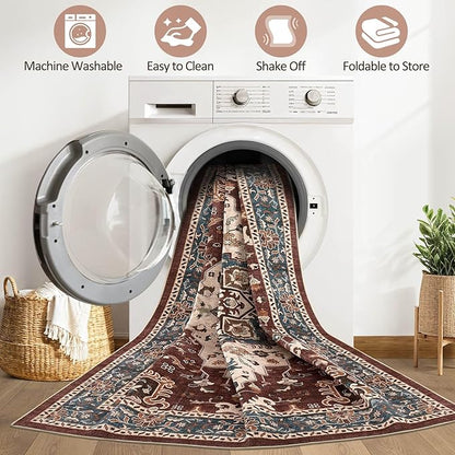 8x10 Area Rugs Living Room: Washable Boho Large Neutral Vintage Soft Rug Stain Resistant Farmhouse Non-Slip Indoor Floor Retro Carpet for Bedroom Nursery Kids Office Dining Room- Burgundy