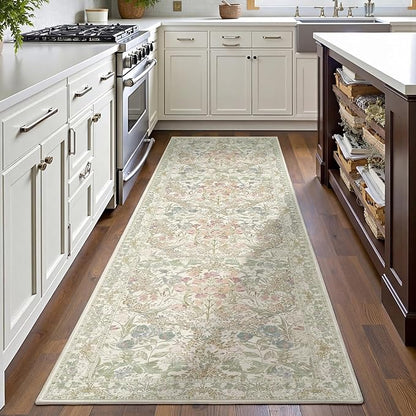 Lunasun Floral 3x8 Wide Hallway Runner - Sage Green with Cream Accent, Boho Forest Decor, Washable Low Pile Non Slip Stain Resistant Rug for Long Kitchen, Large Bathroom, Hall Way
