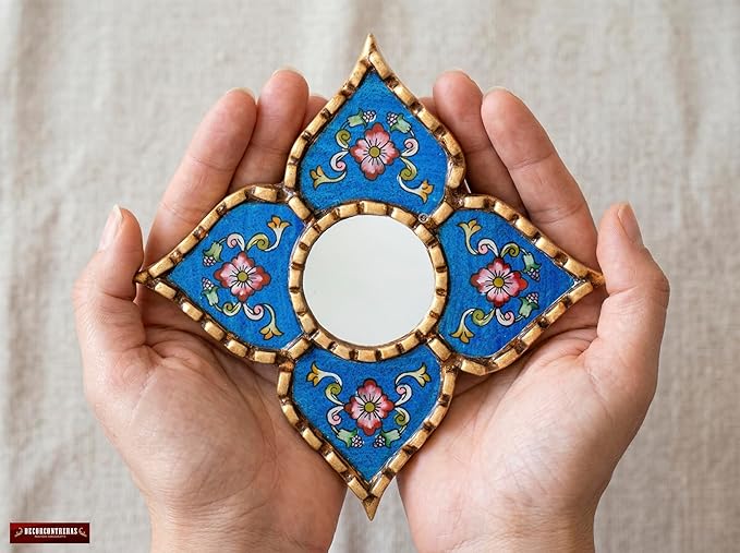Peruvian Painted Glass Mirror with Bronze Leaf Framed - Handmade Diamond Mirror 6in for Gallery wall (Blue)
