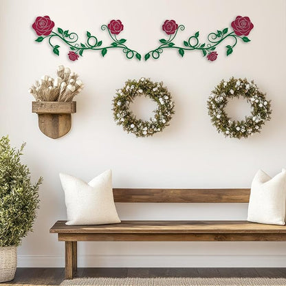 Pinetree Art 2 Pieces Metal Flower Wall Art Modern Vintage Rose Floral Branch Wall Decor for Living Room Hallway Bathroom (Red)