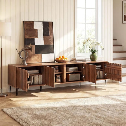 Giantex 4-Door Slatted TV Stand for 80 Inches TVs, Mid Century Modern Entertainment Center with 4 Storage Cabinets, Wooden TV Console Table with 6 Metal Legs for Living Room, Bedroom, Walnut